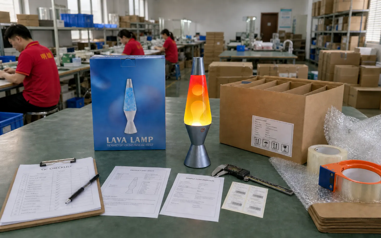Mingxiong factory sample review table with lava lamp packaging and quality control paperwork