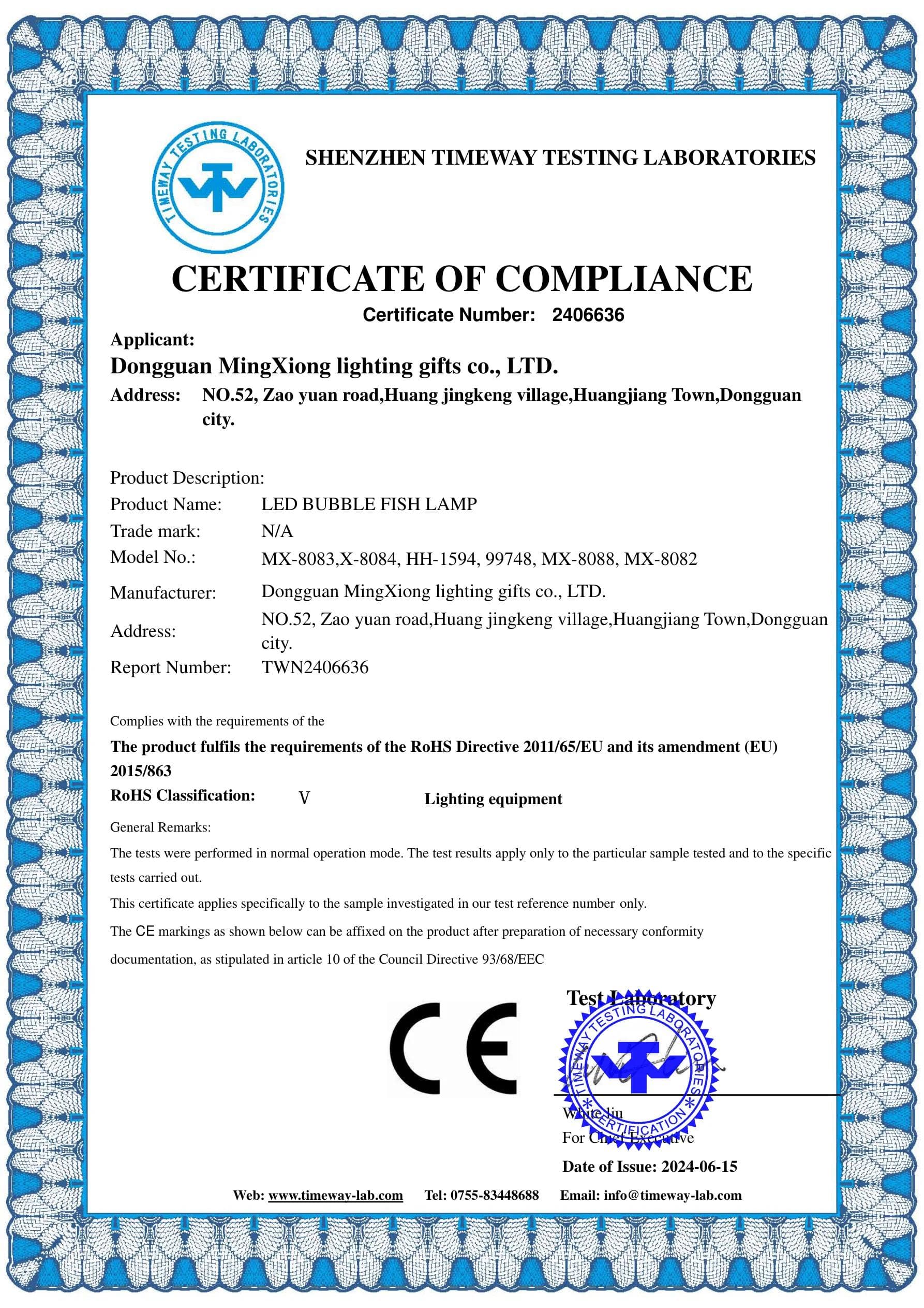 MX-99748 Bubble Fish Lamp RoHS certificate preview