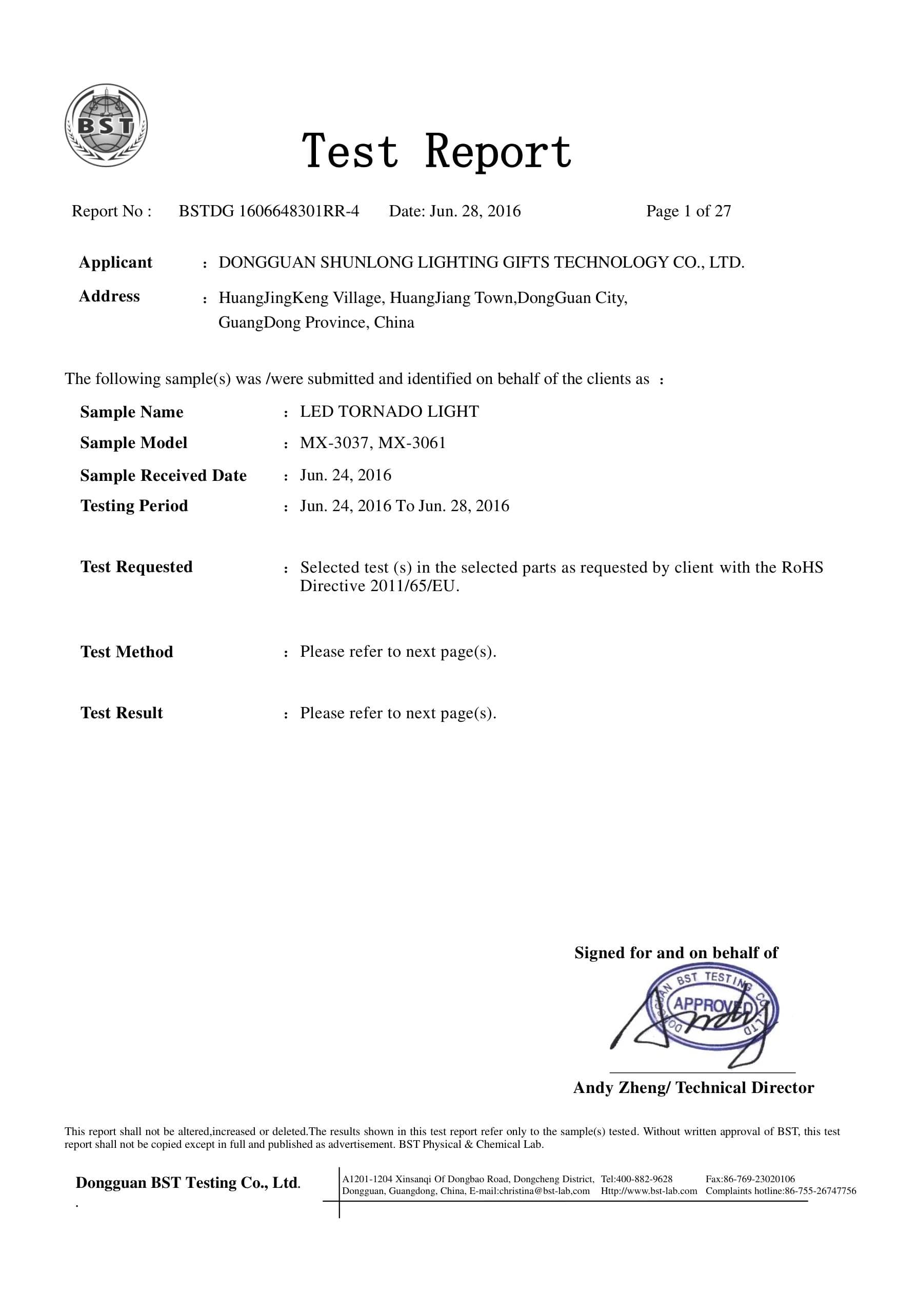 MX-3061 Tornado Lamp RoHS certificate preview