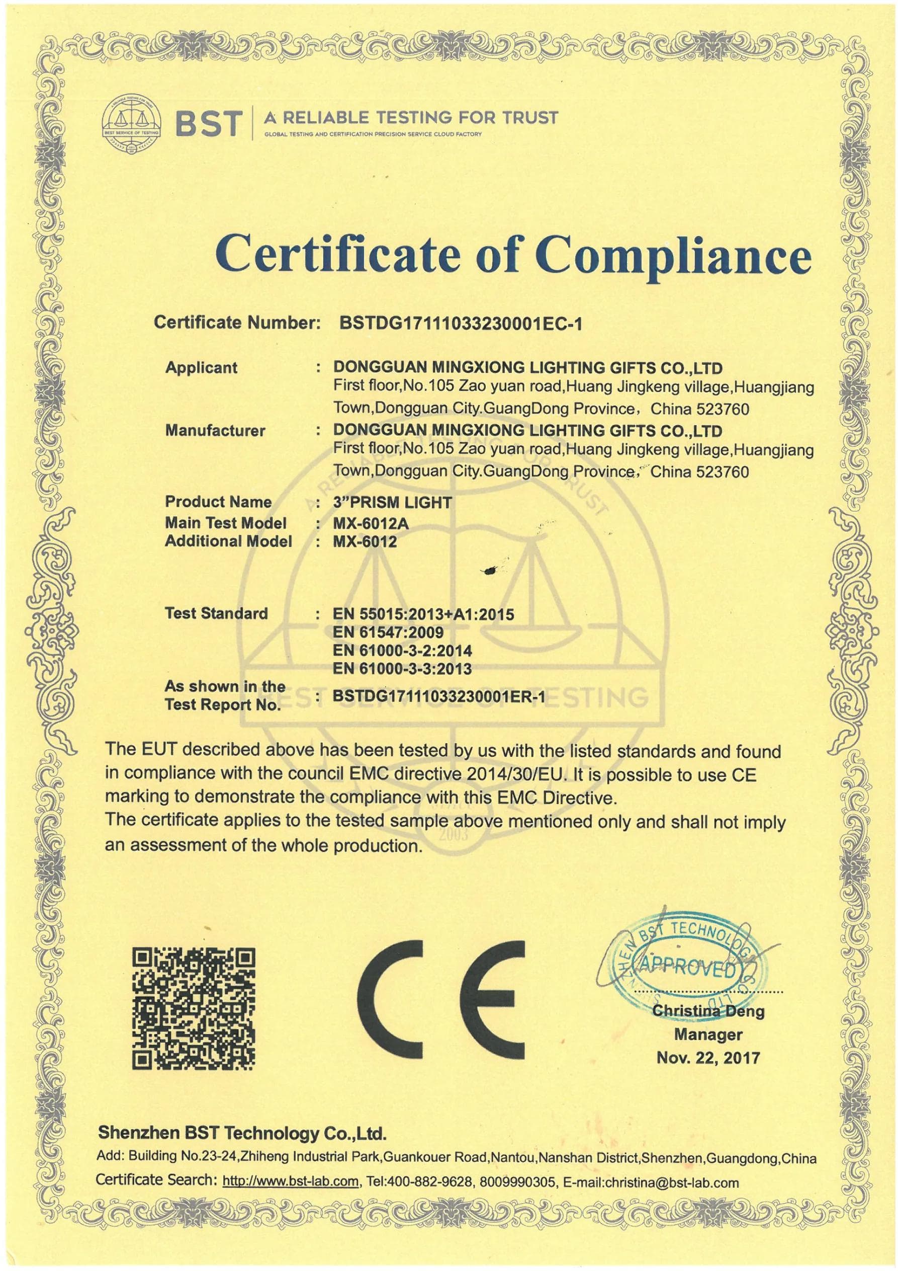 MX-6012A Decorative Light CE EMC certificate preview