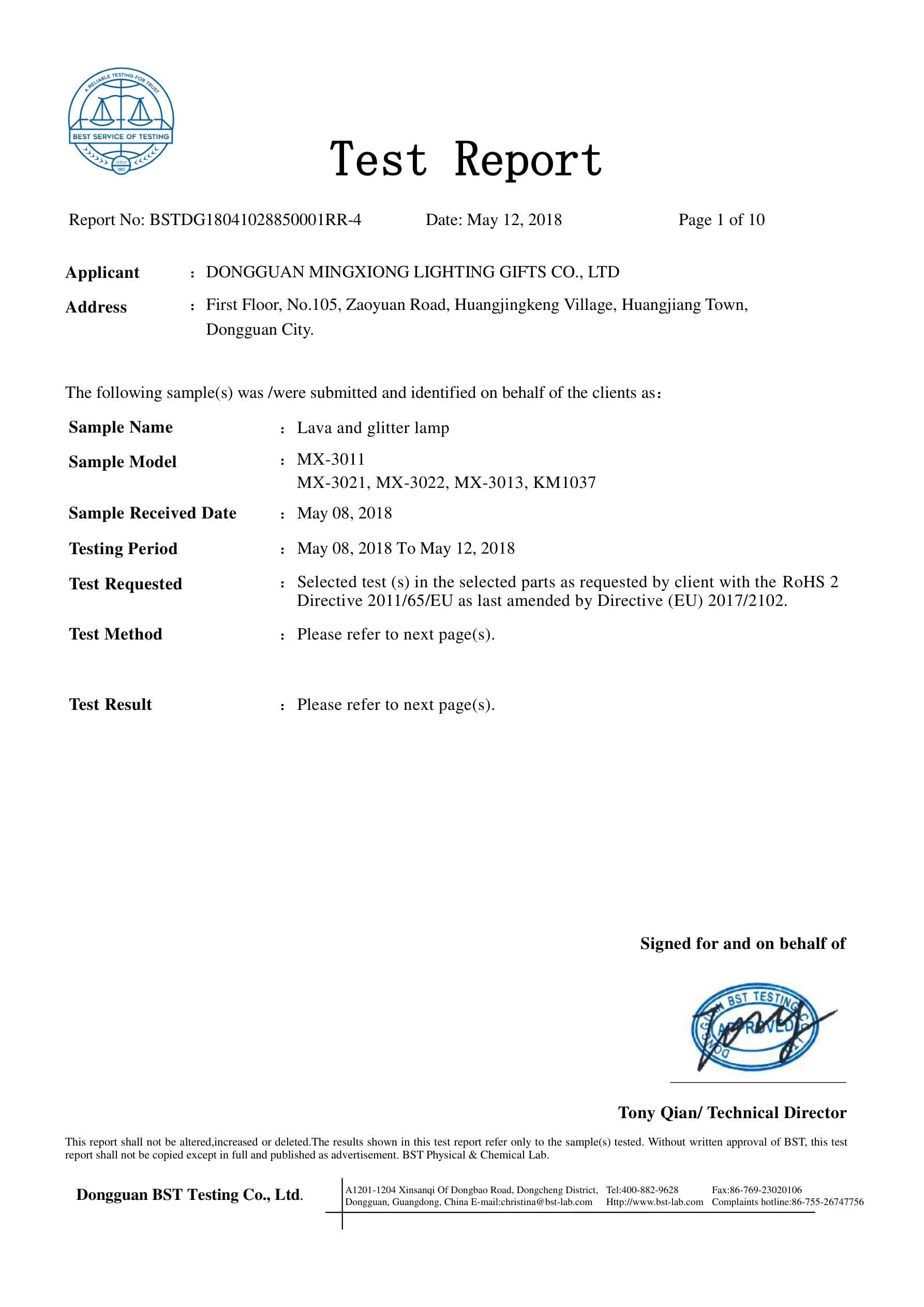 MX-3021 Lava Lamp RoHS certificate preview