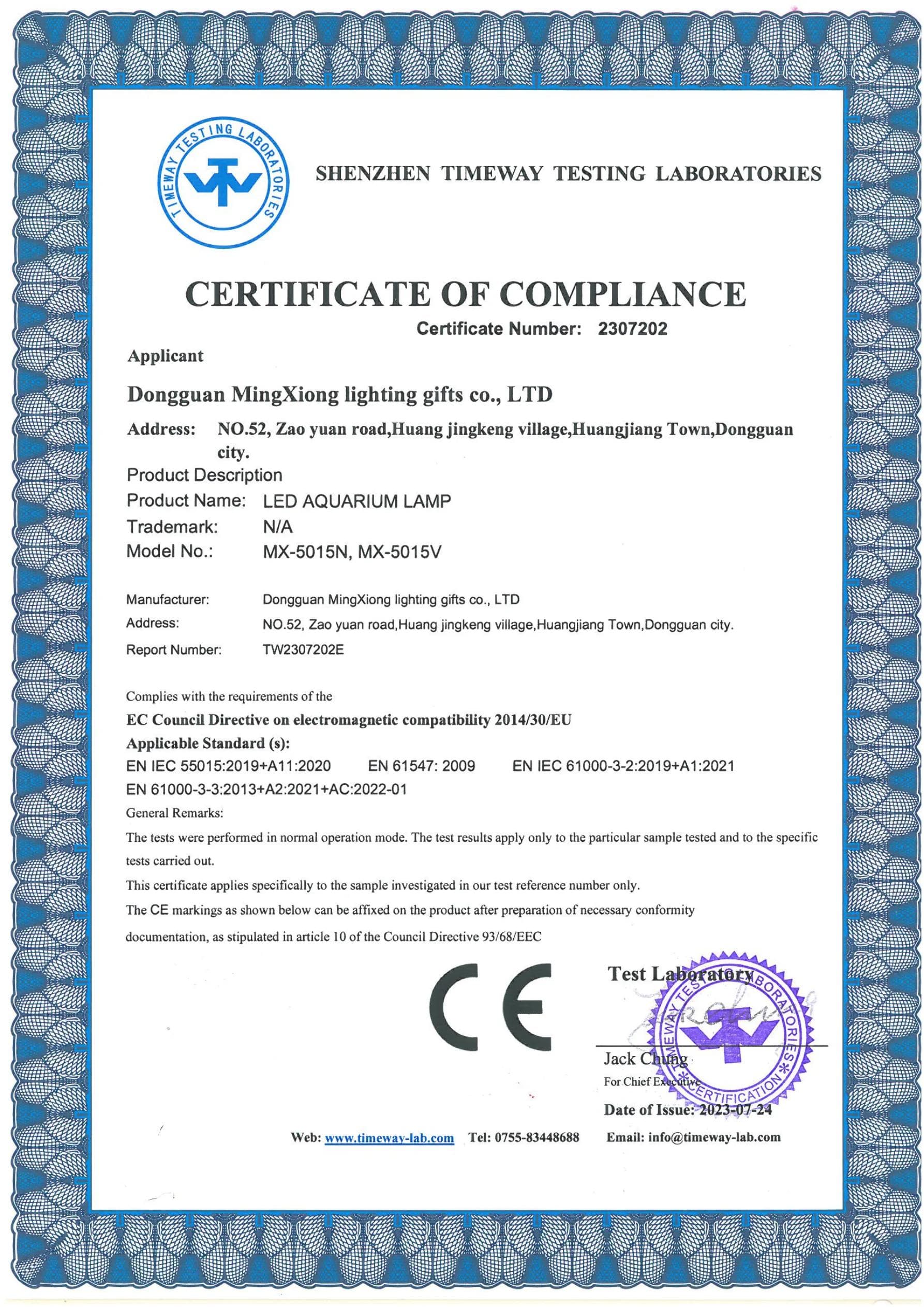 MX-5015V Aquarium Lamp CE EMC certificate preview