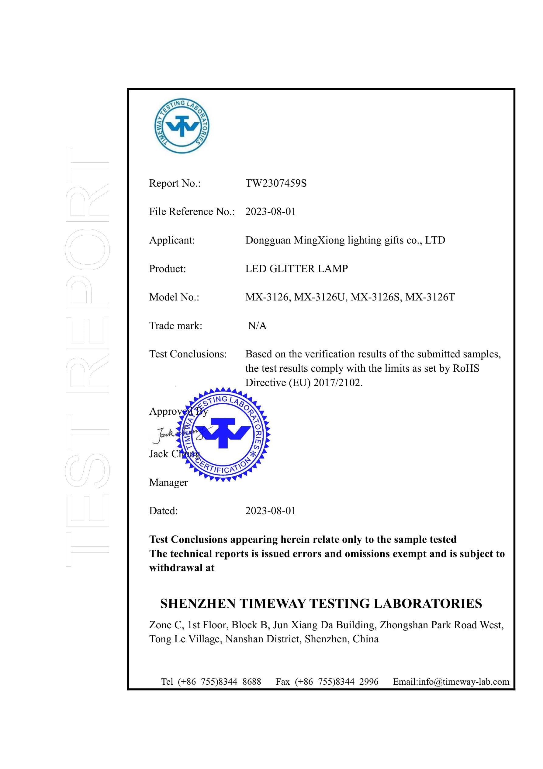 MX-3126U Glitter Lamp RoHS certificate preview