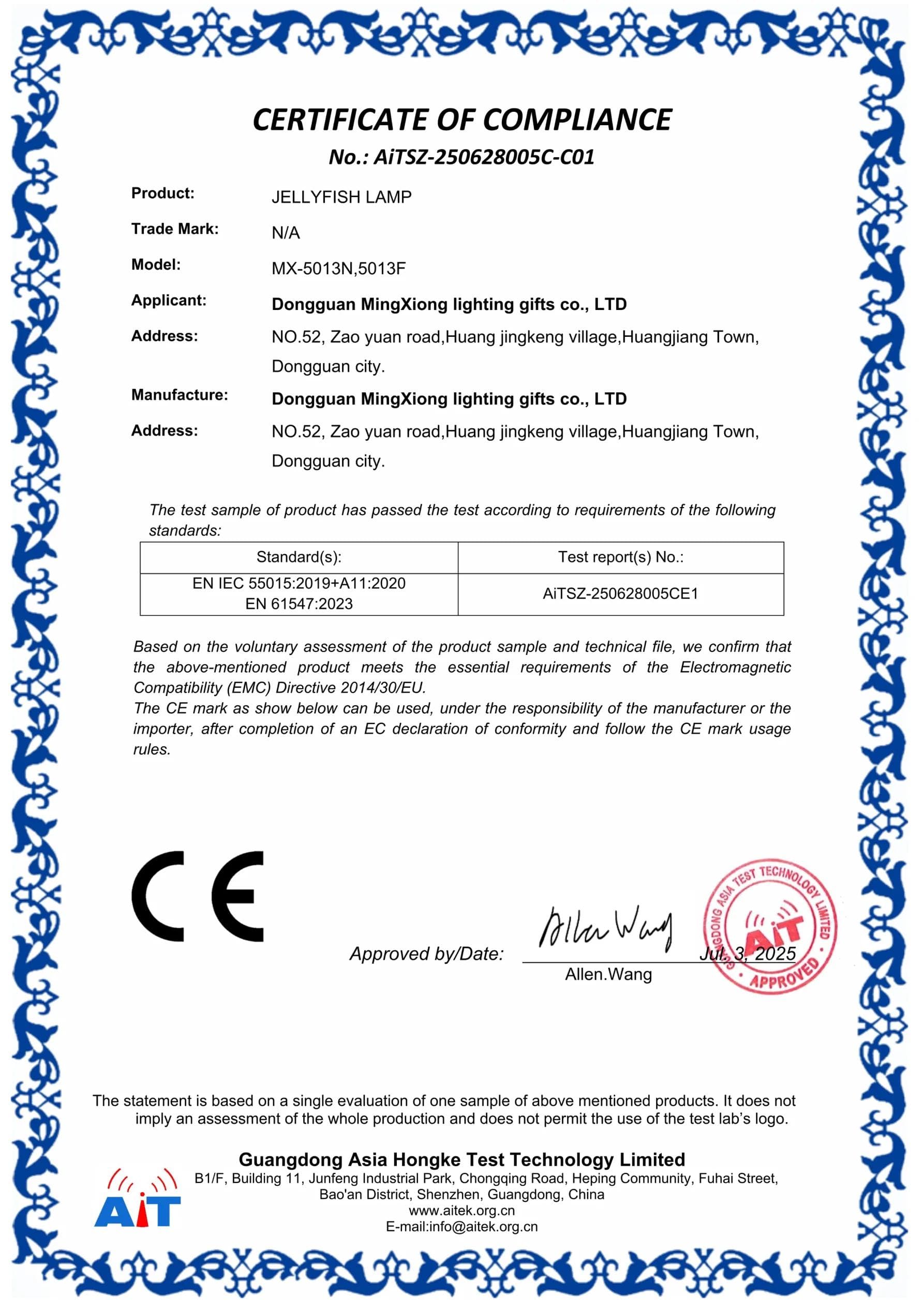 MX-5013S Decorative Light CE EMC certificate preview