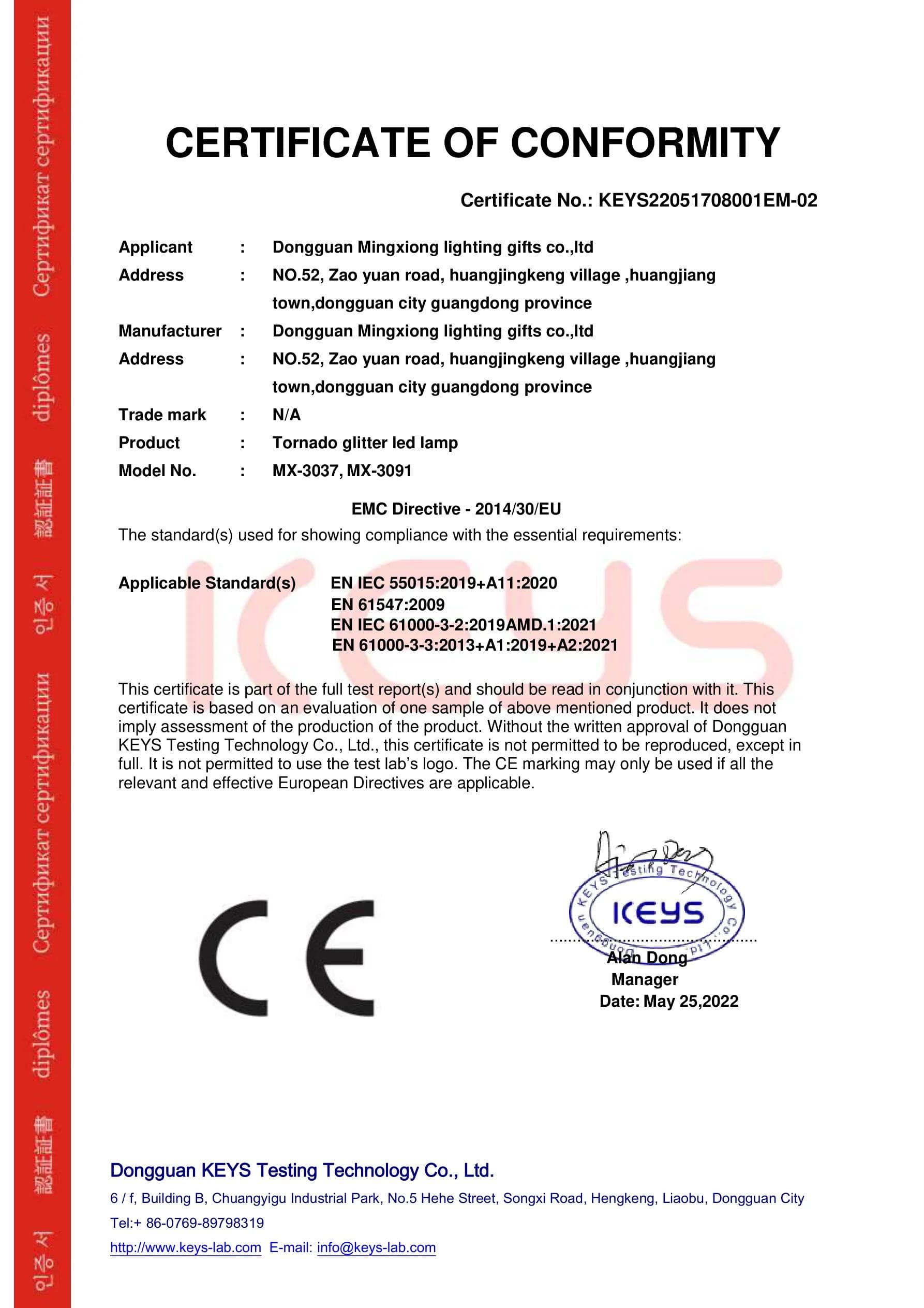 MX-3091 Glitter Lamp CE EMC certificate preview
