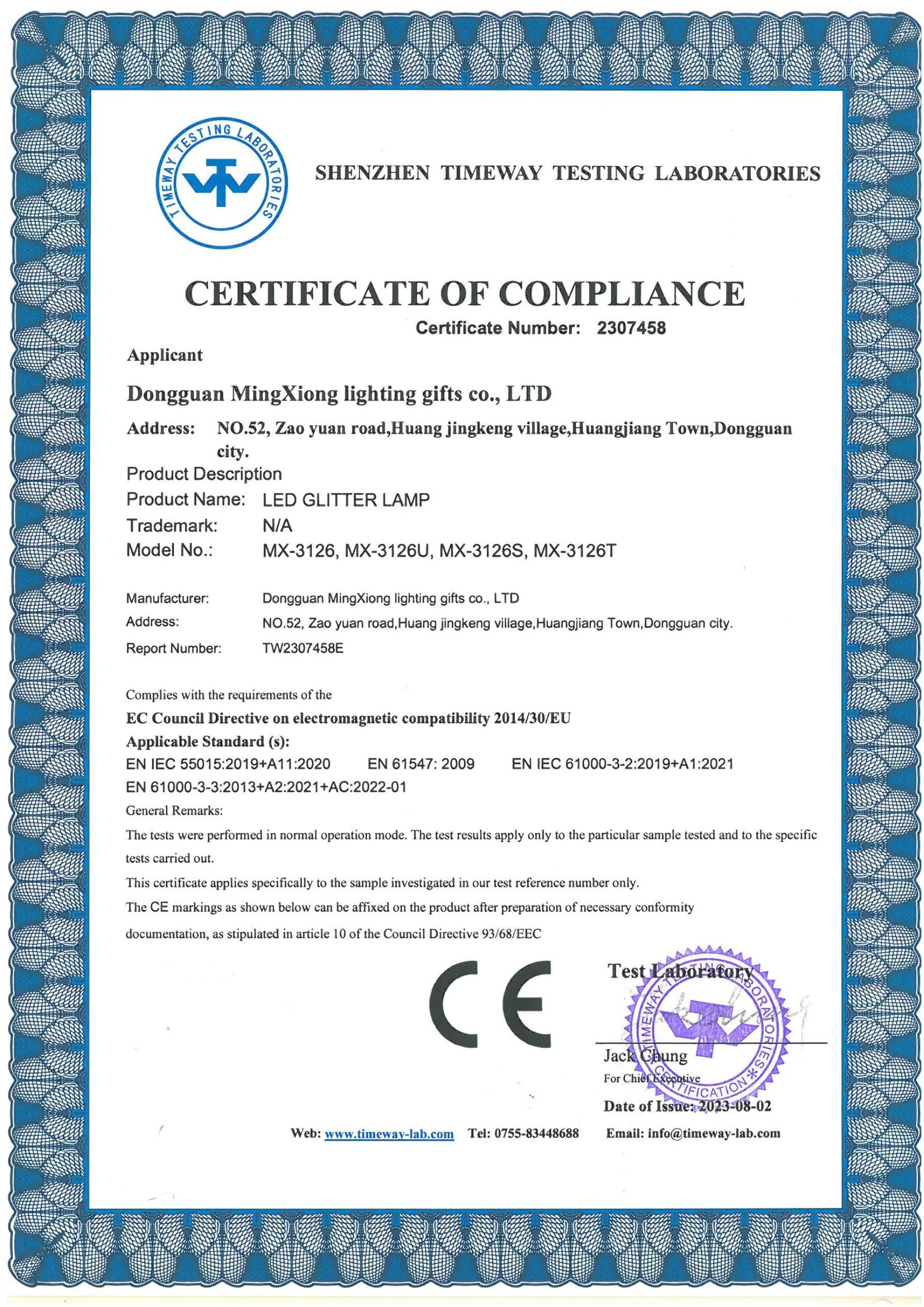 MX-3126 Glitter Lamp CE EMC certificate preview