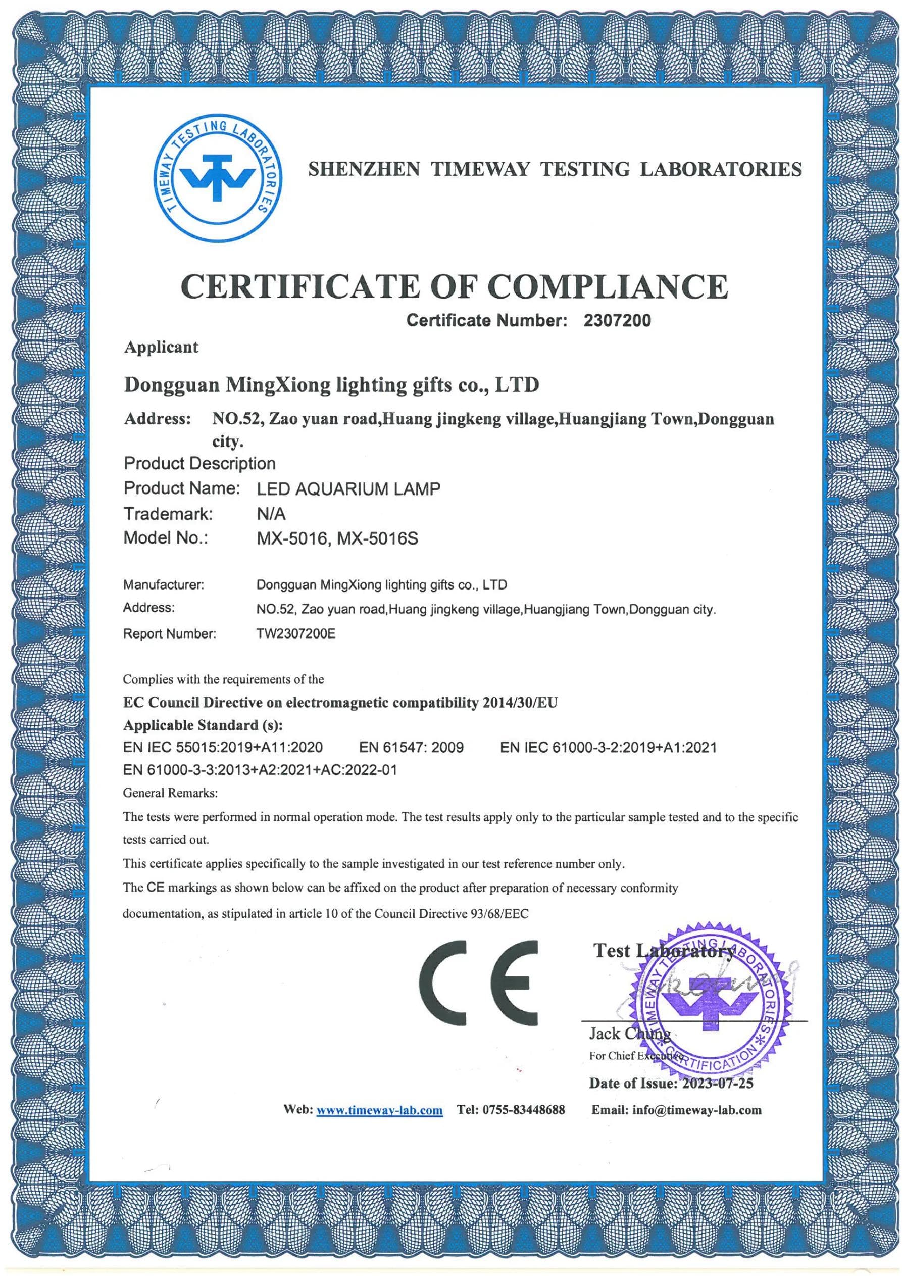MX-5016S Aquarium Lamp CE EMC certificate preview