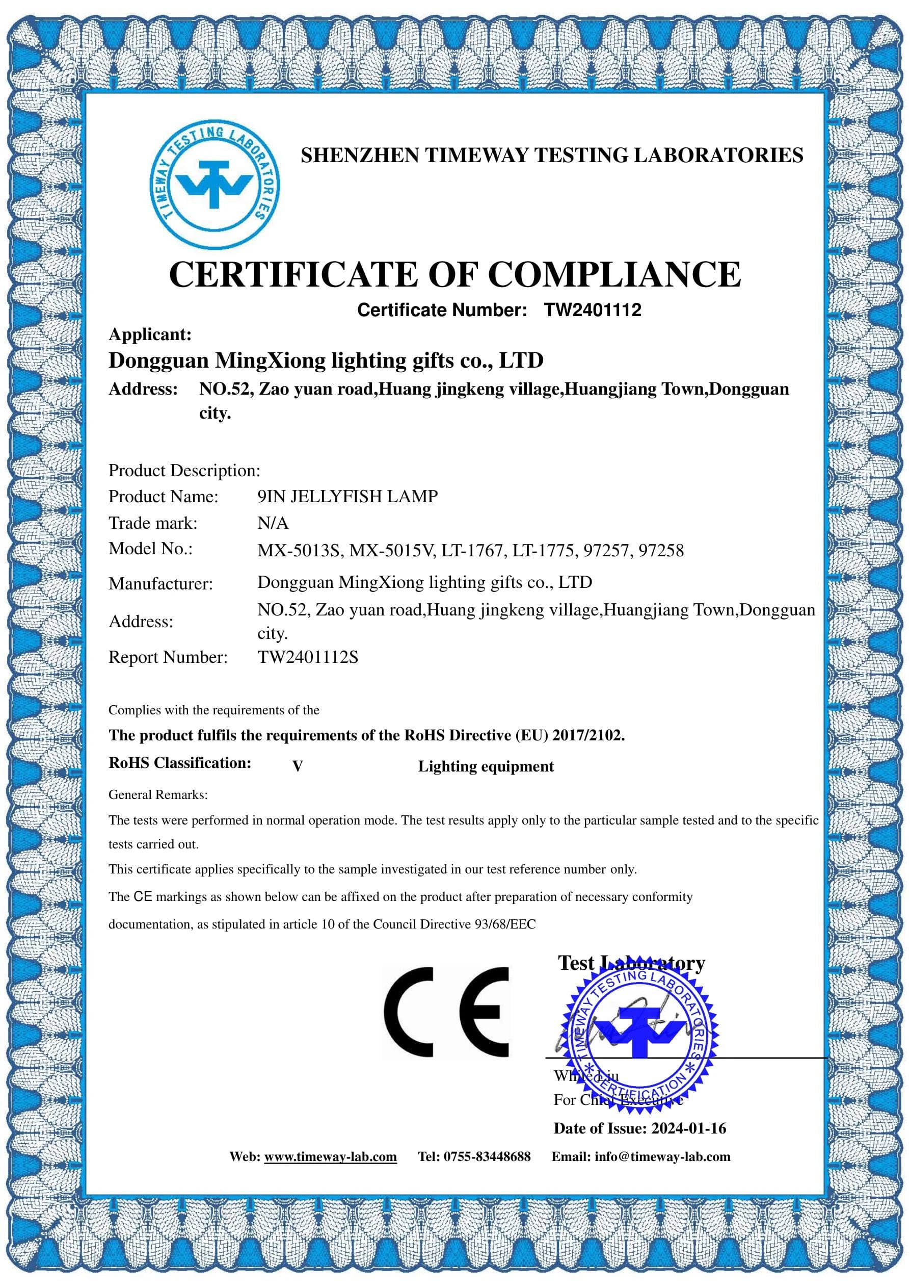 MX-97258 Jellyfish Lamp RoHS certificate preview
