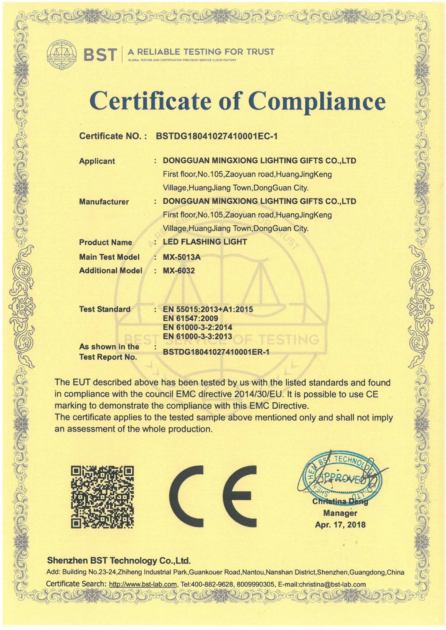 MX-5013A Decorative Light CE EMC certificate preview