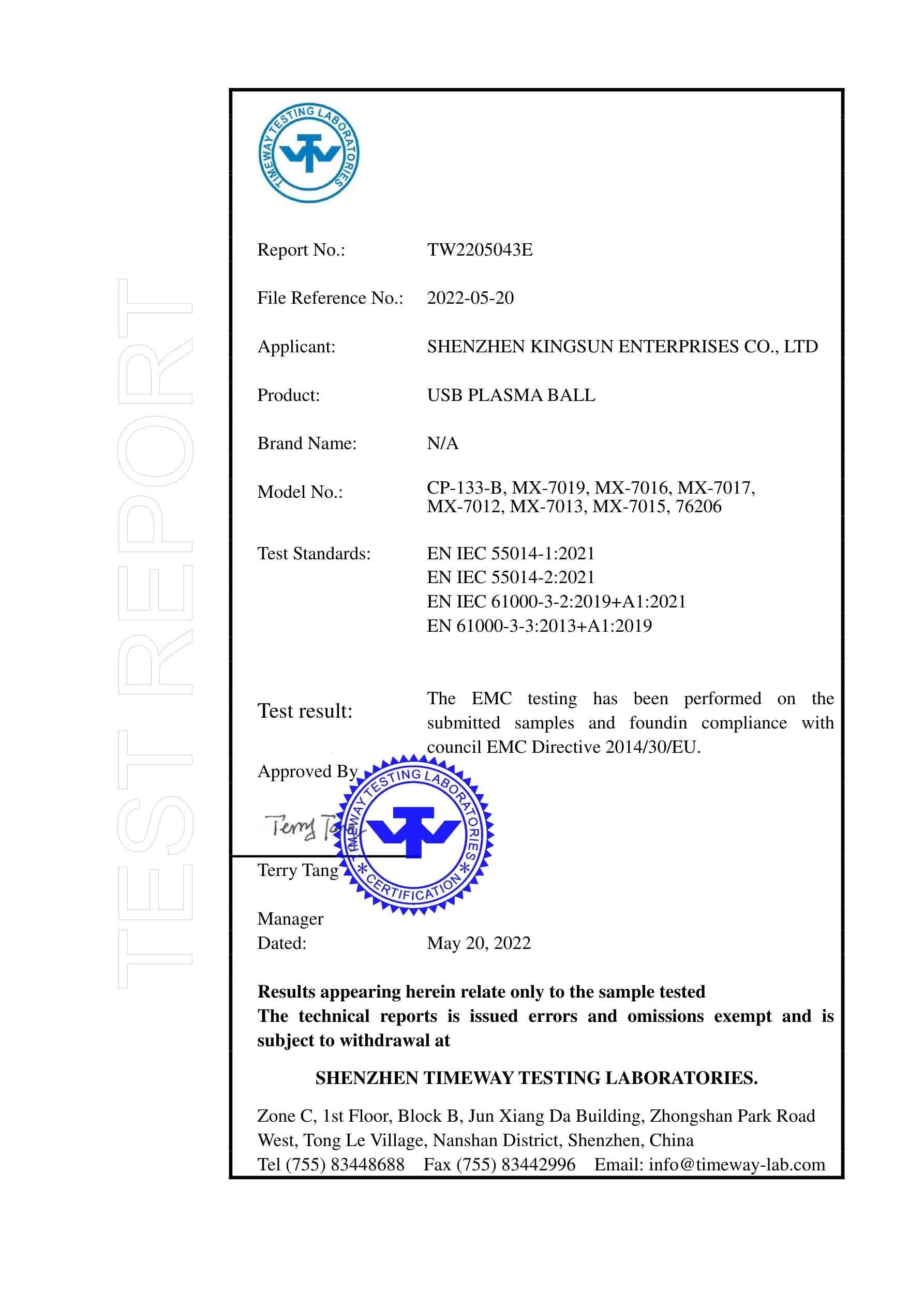 MX-76206 Plasma Ball CE EMC certificate preview
