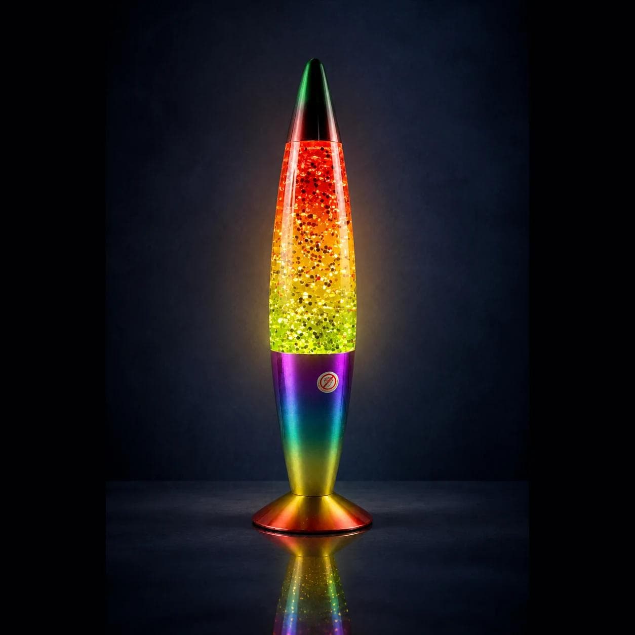 MX-3016 glass glitter lamp glowing on a dark tabletop with colorful glitter and warm decorative light