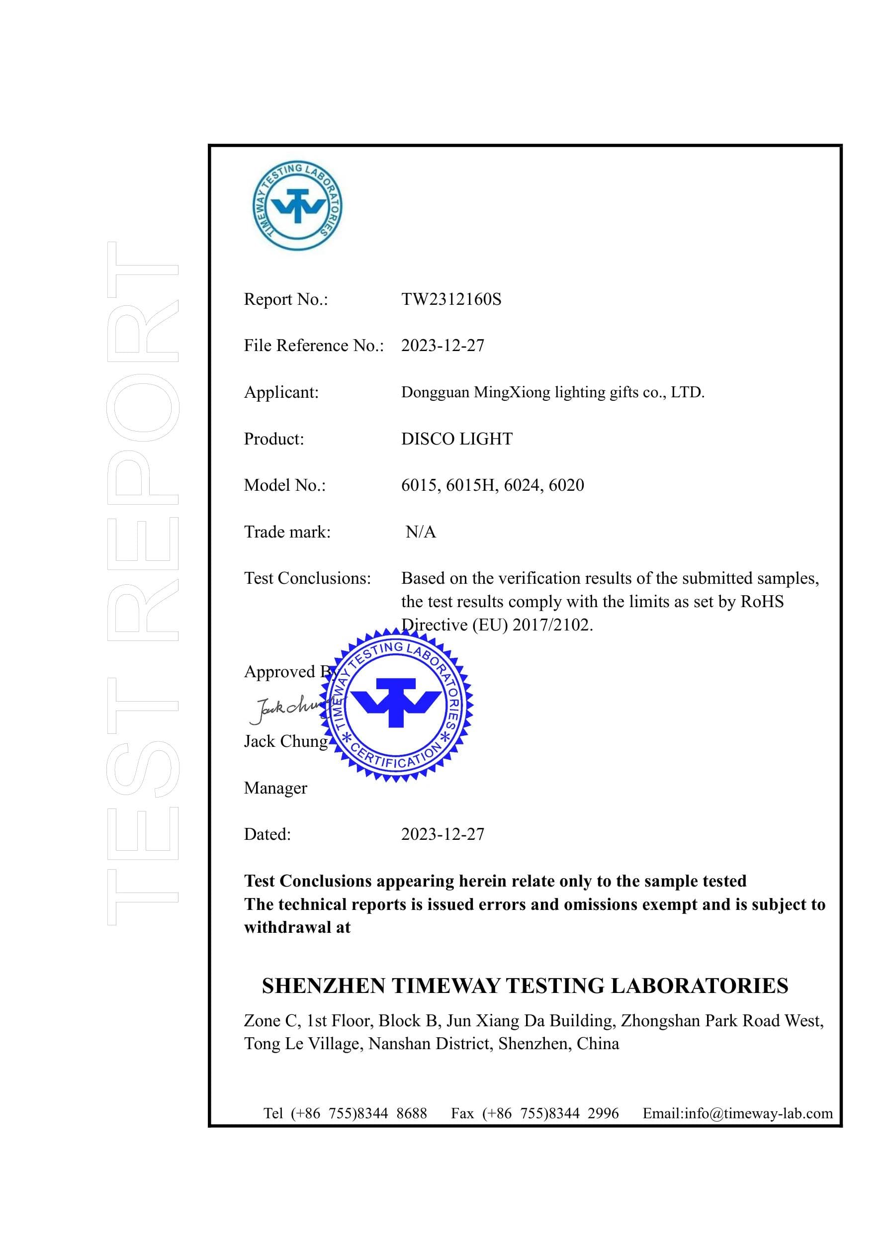 MX-6015H Stage Light RoHS certificate preview