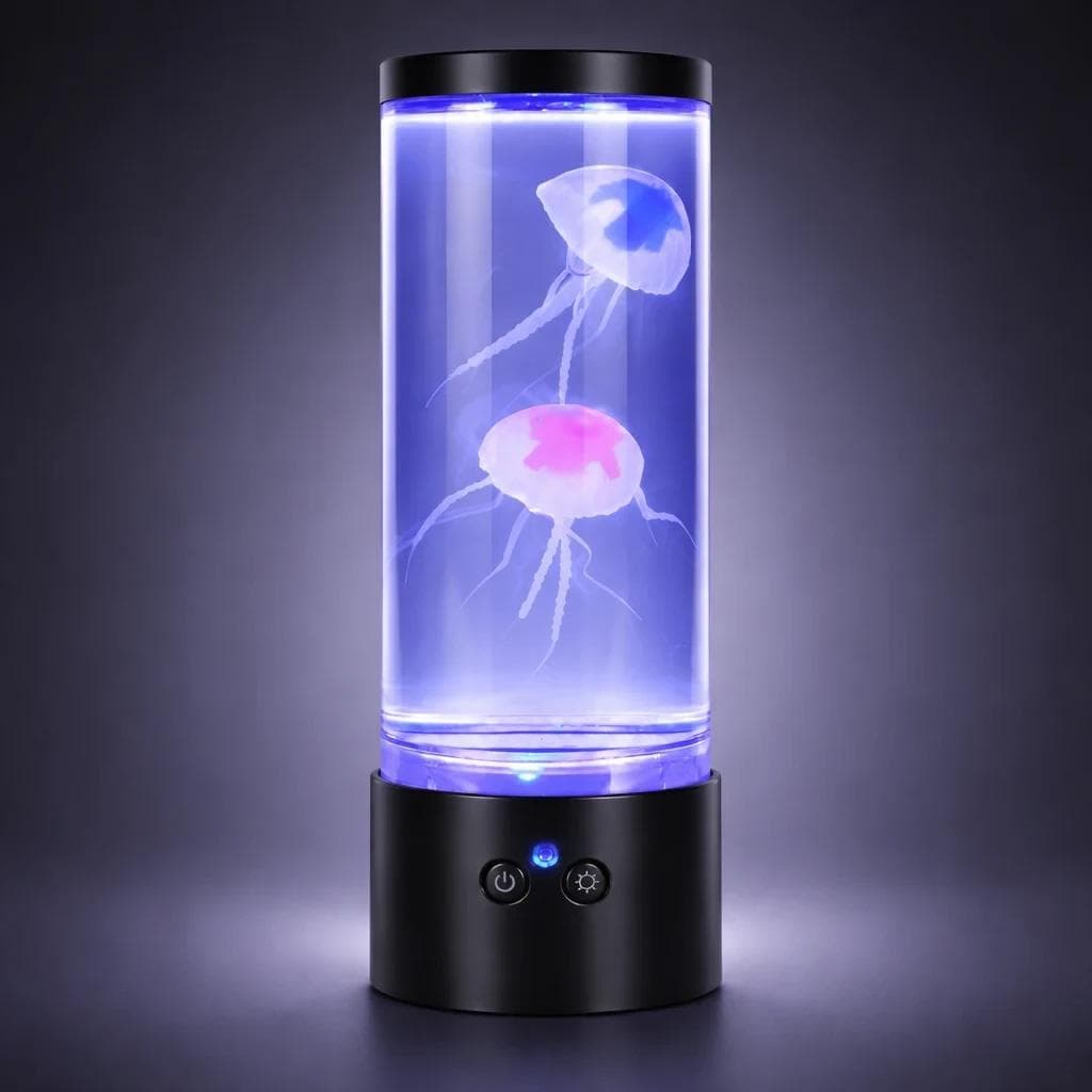 MX-5013F LED jellyfish lamp glowing in blue purple RGB light for bedroom night light display.