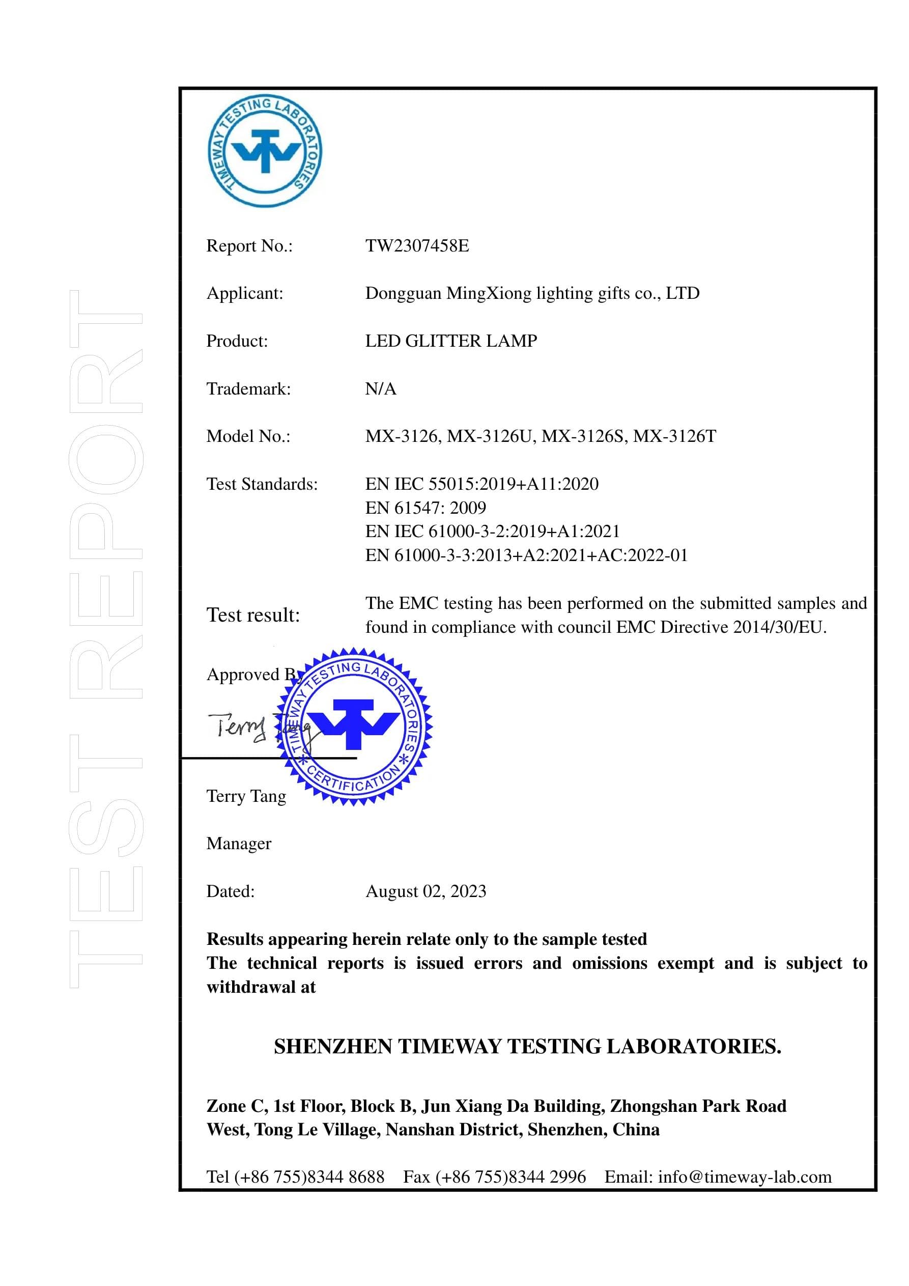 MX-3126U Glitter Lamp CE EMC certificate preview