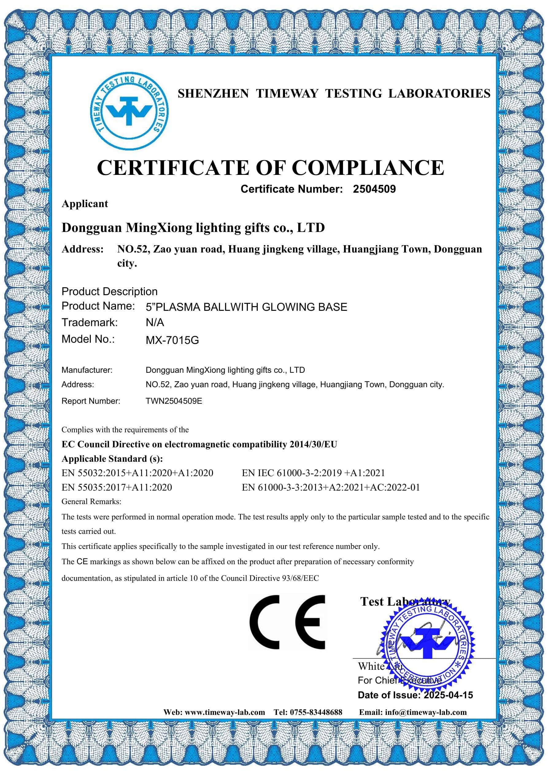 MX-7015G Plasma Ball CE EMC certificate preview