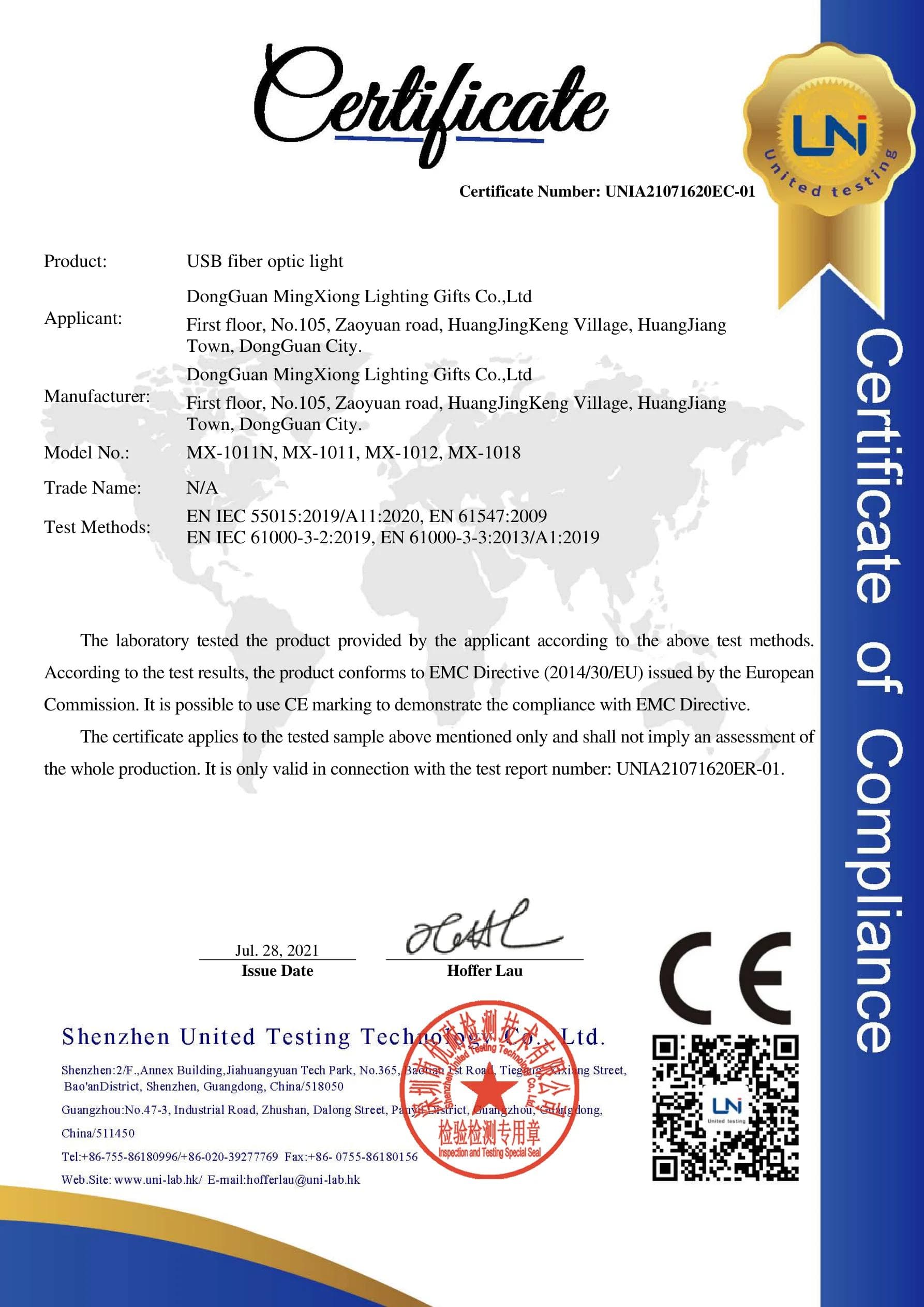 MX-1018 Fiber Lamp CE EMC certificate preview