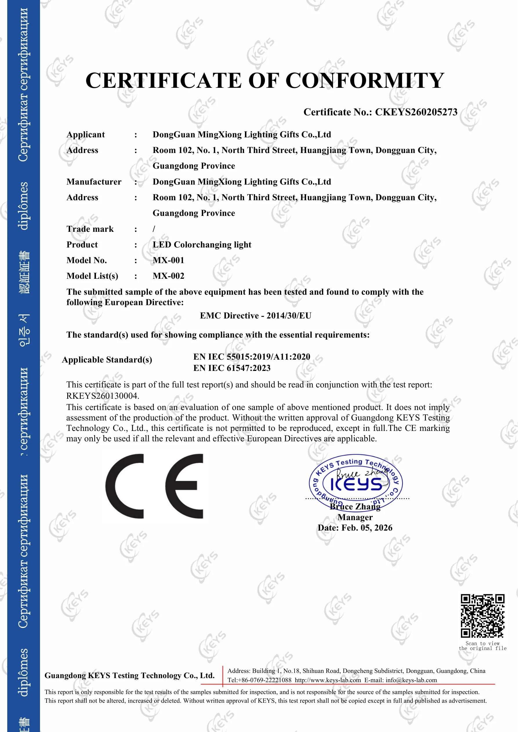 MX-002 LED Tunnel Lamp CE EMC certificate preview