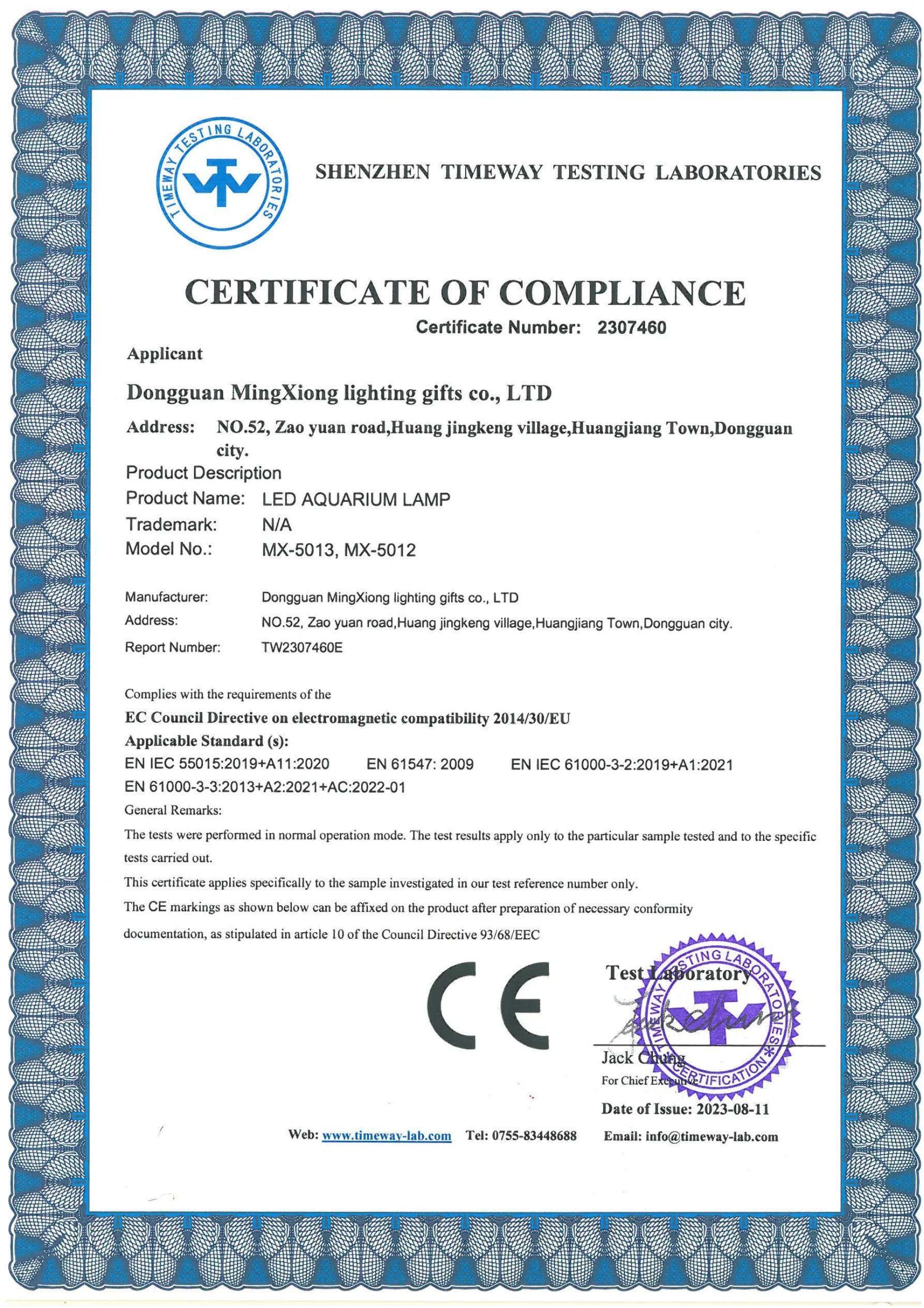 MX-5013 CE certificate key page preview