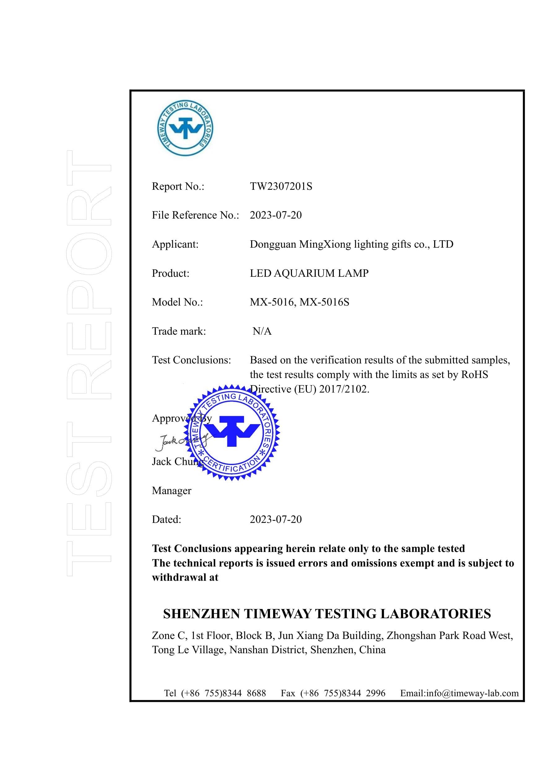 MX-5016 RoHS certificate key page preview