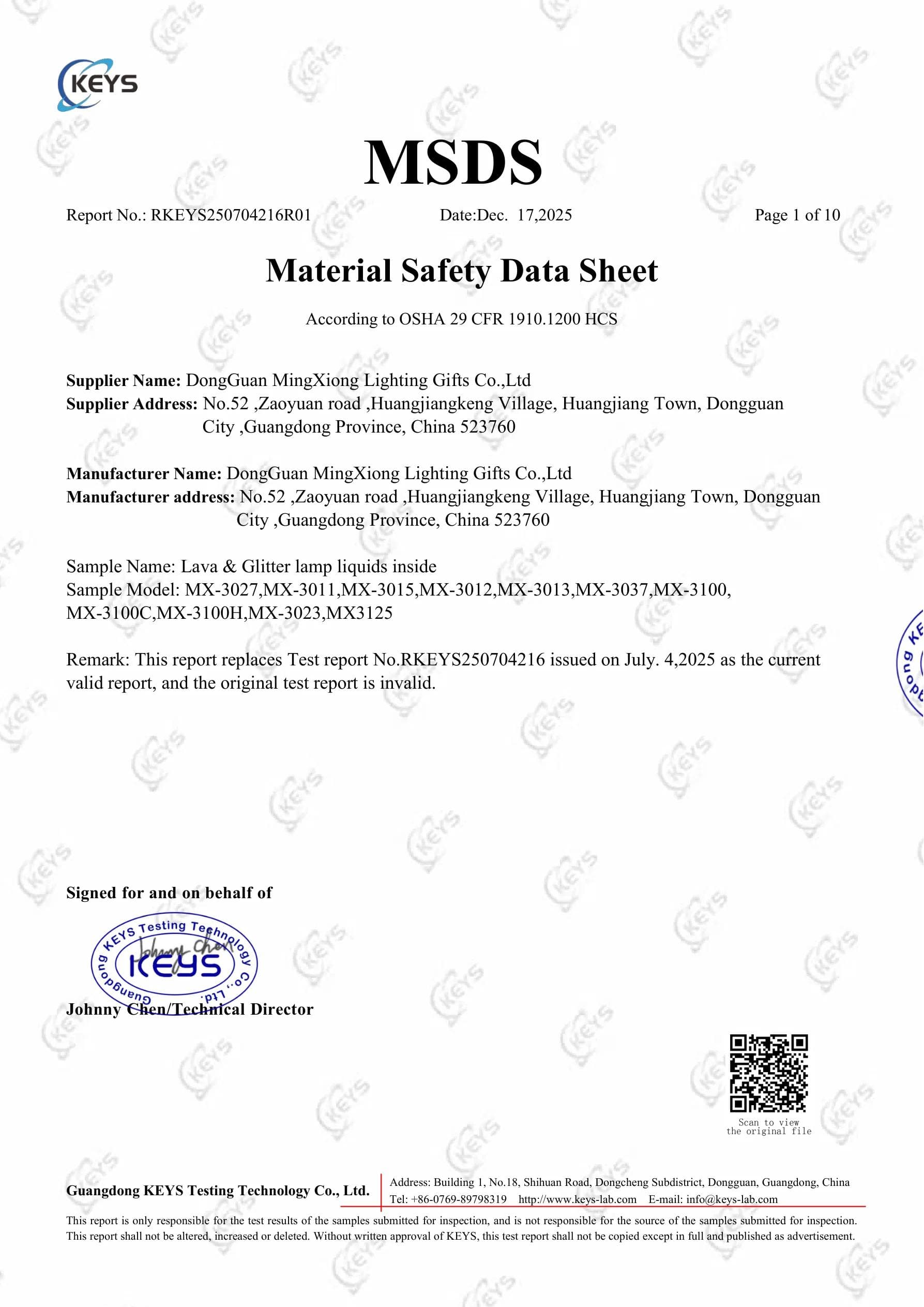 MX-3125 Lava Lamp MSDS certificate preview