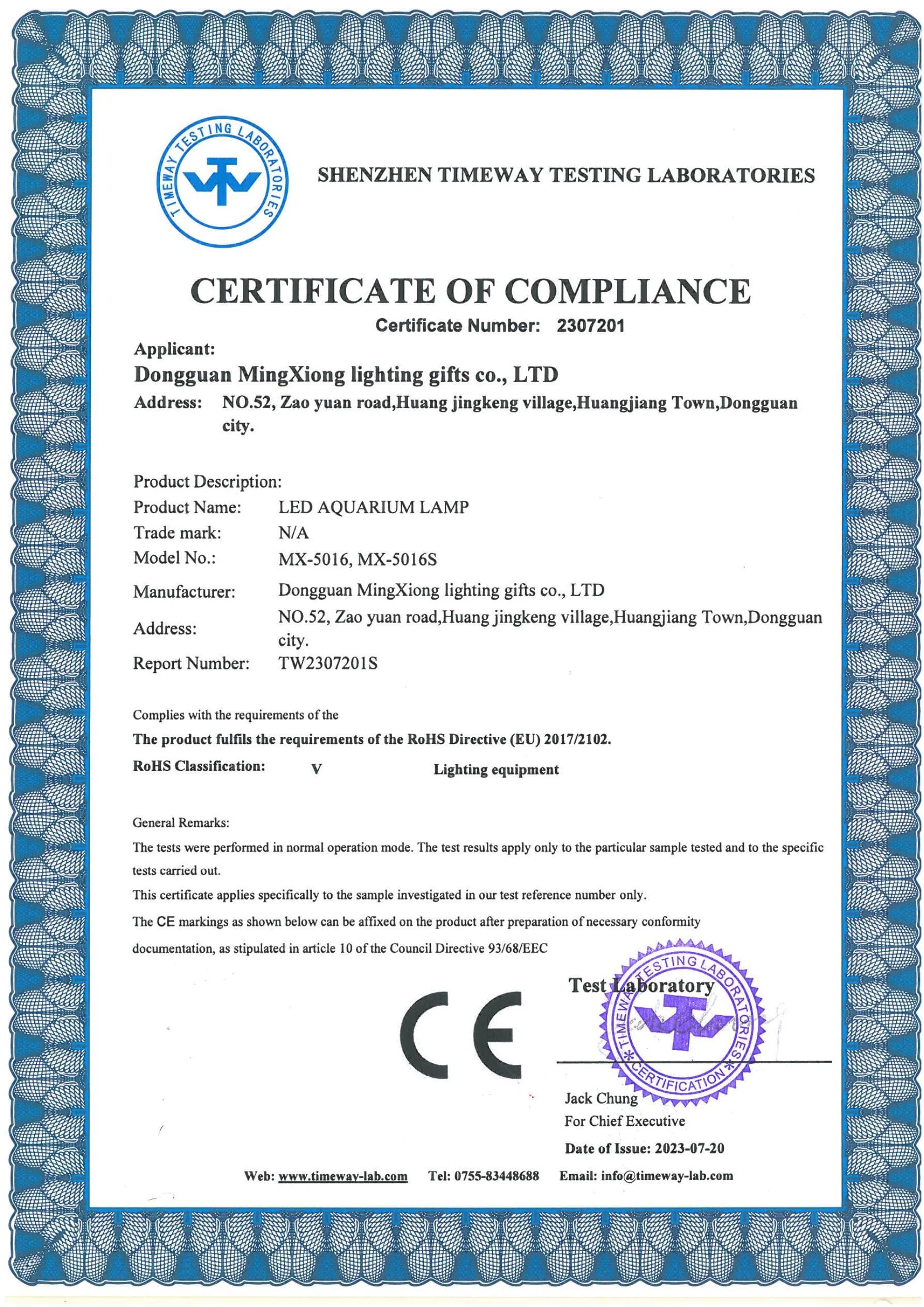 MX-5016S Aquarium Lamp RoHS certificate preview