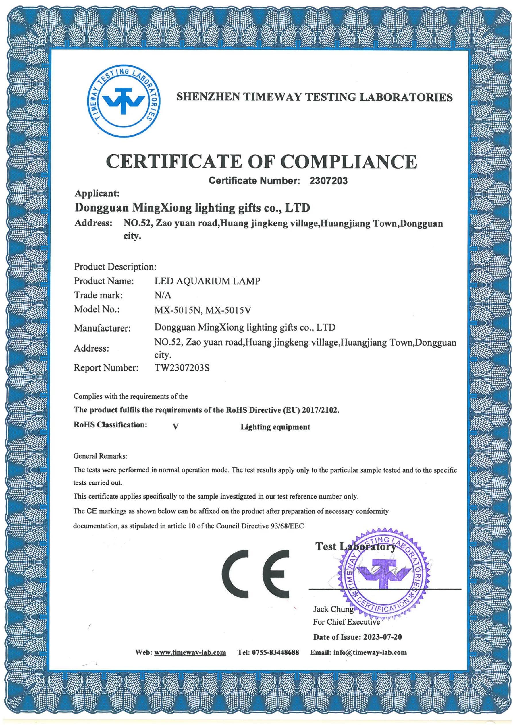MX-5015V Aquarium Lamp RoHS certificate preview