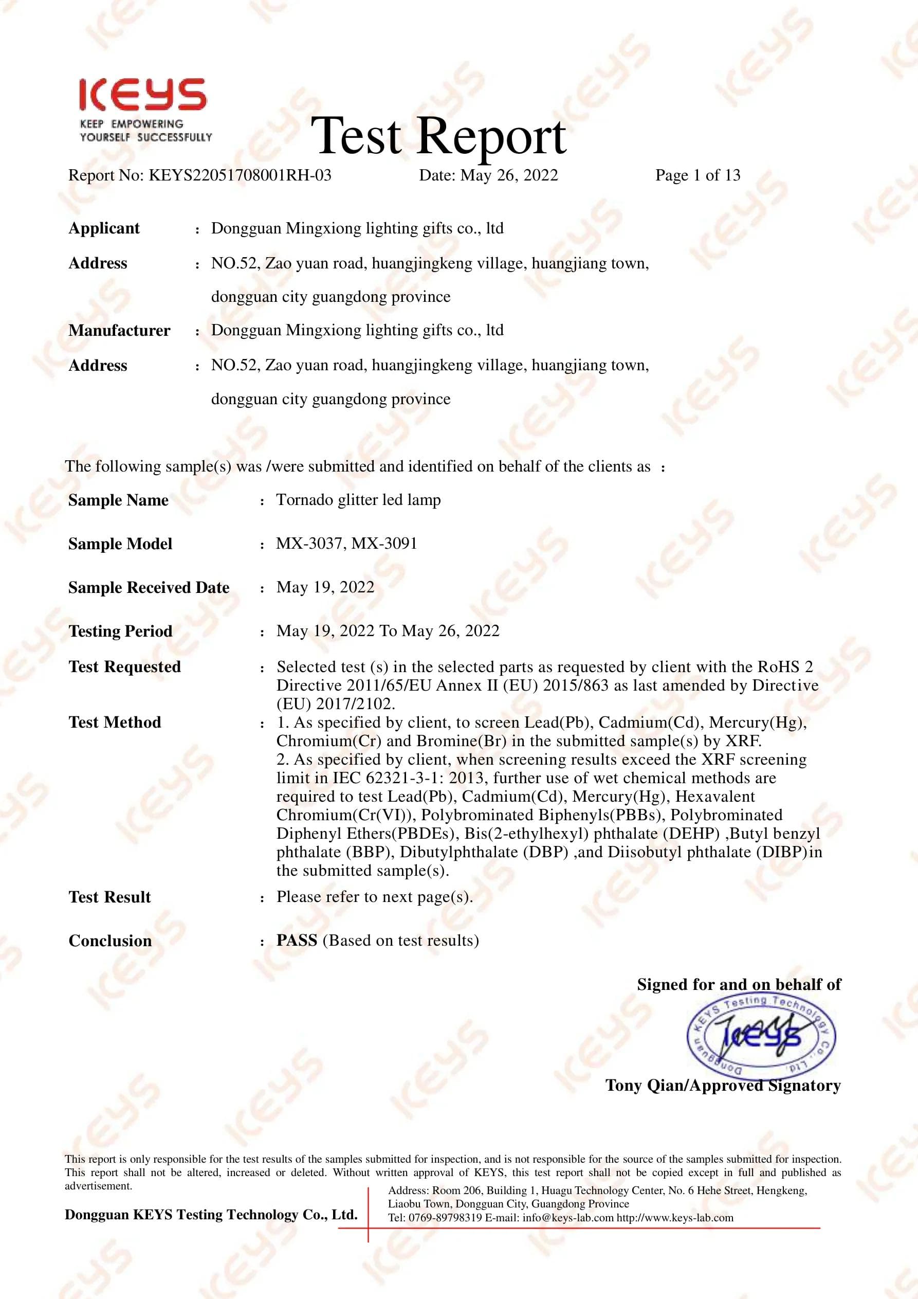 MX-3091 Glitter Lamp RoHS certificate preview