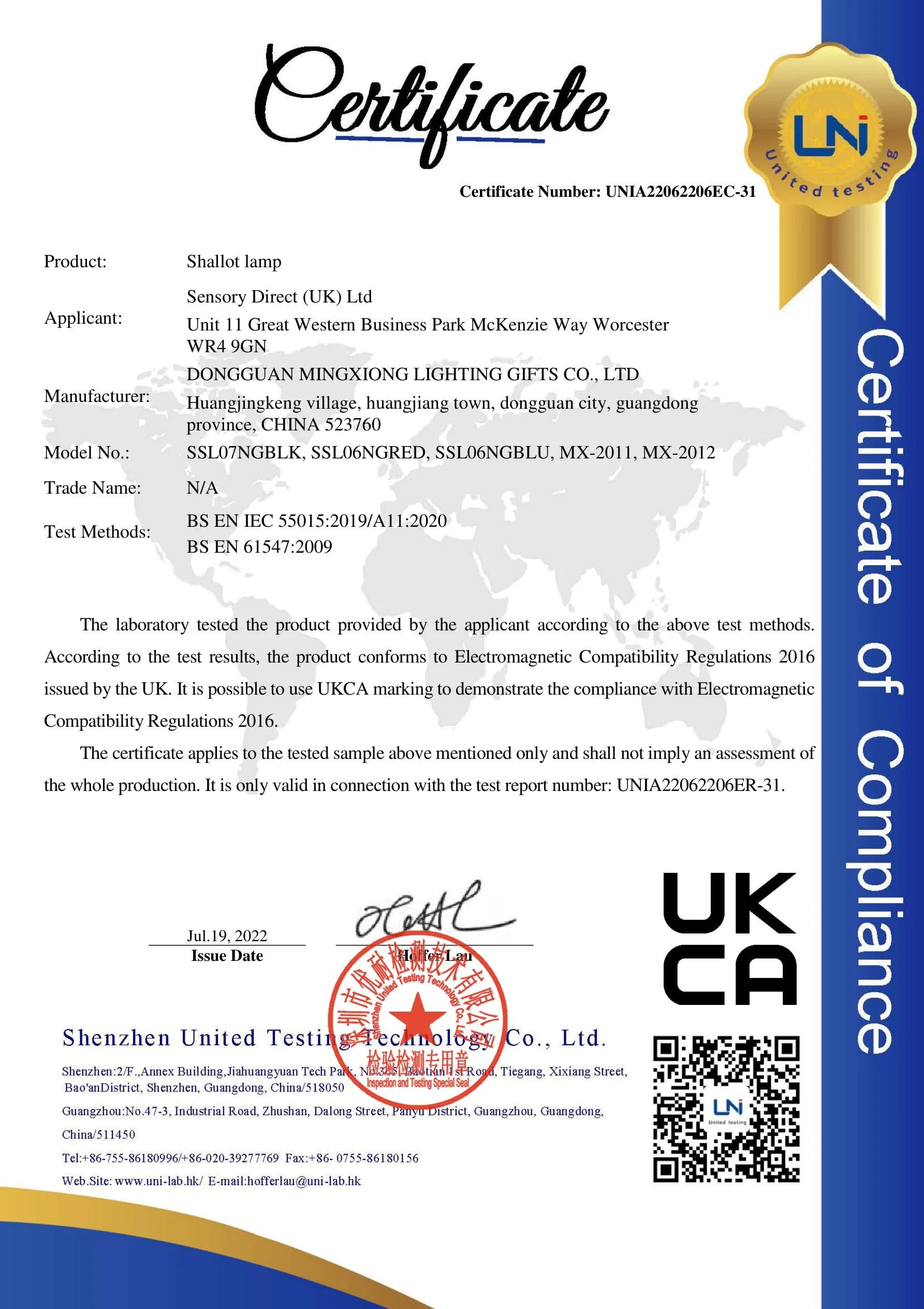 MX-2011 Glitter Lamp CE EMC certificate preview