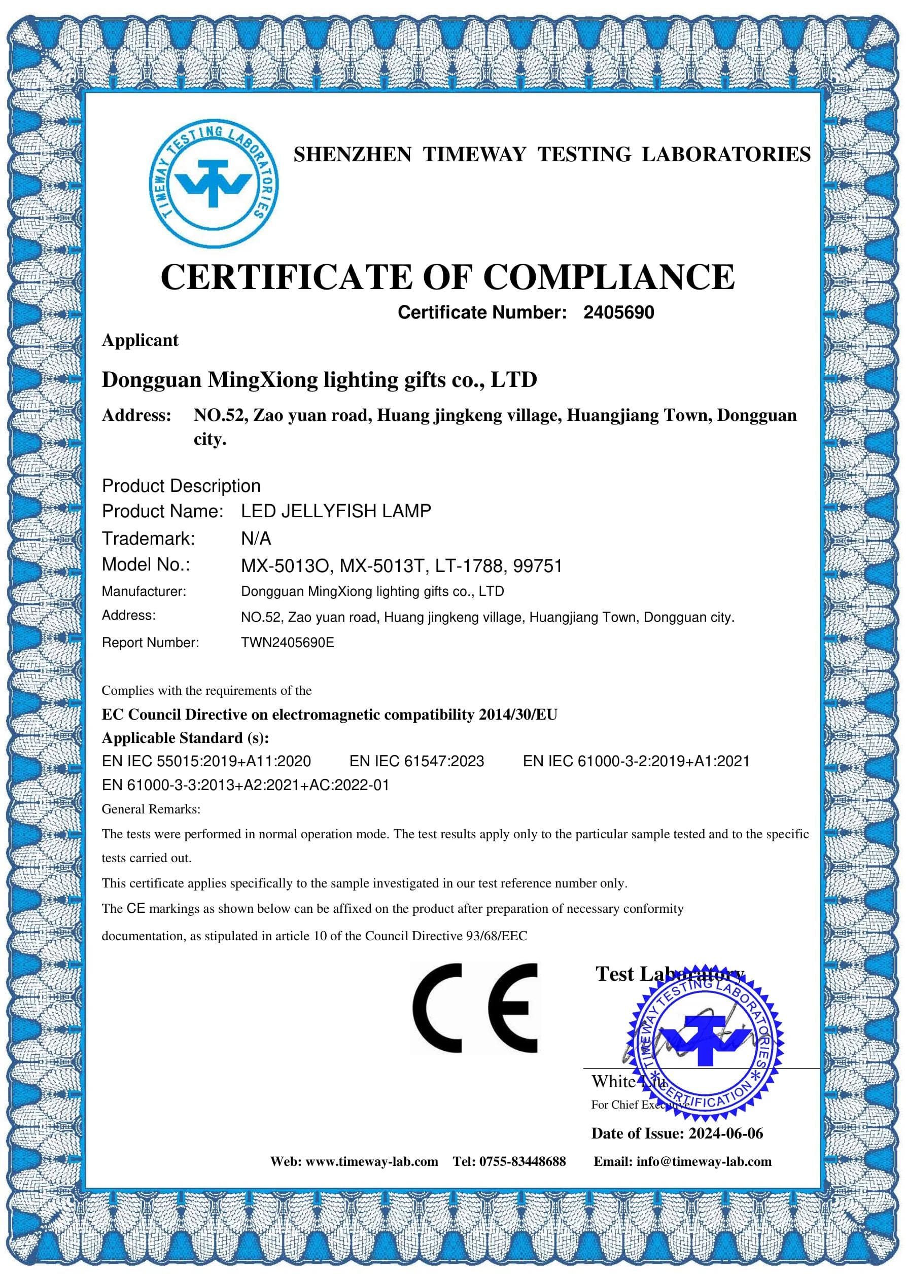 MX-5013O Jellyfish Lamp CE EMC certificate preview