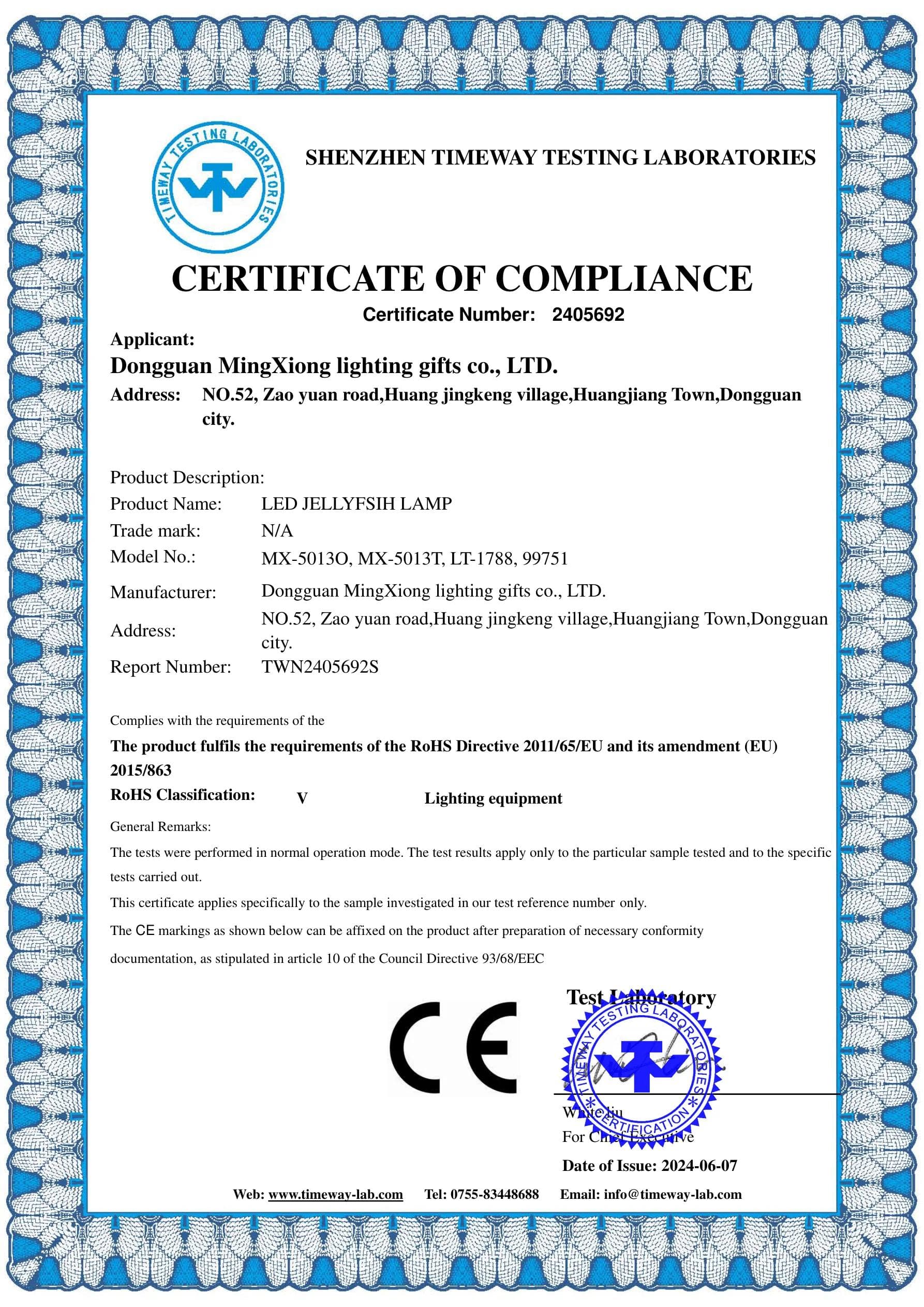 MX-5013O Jellyfish Lamp RoHS certificate preview