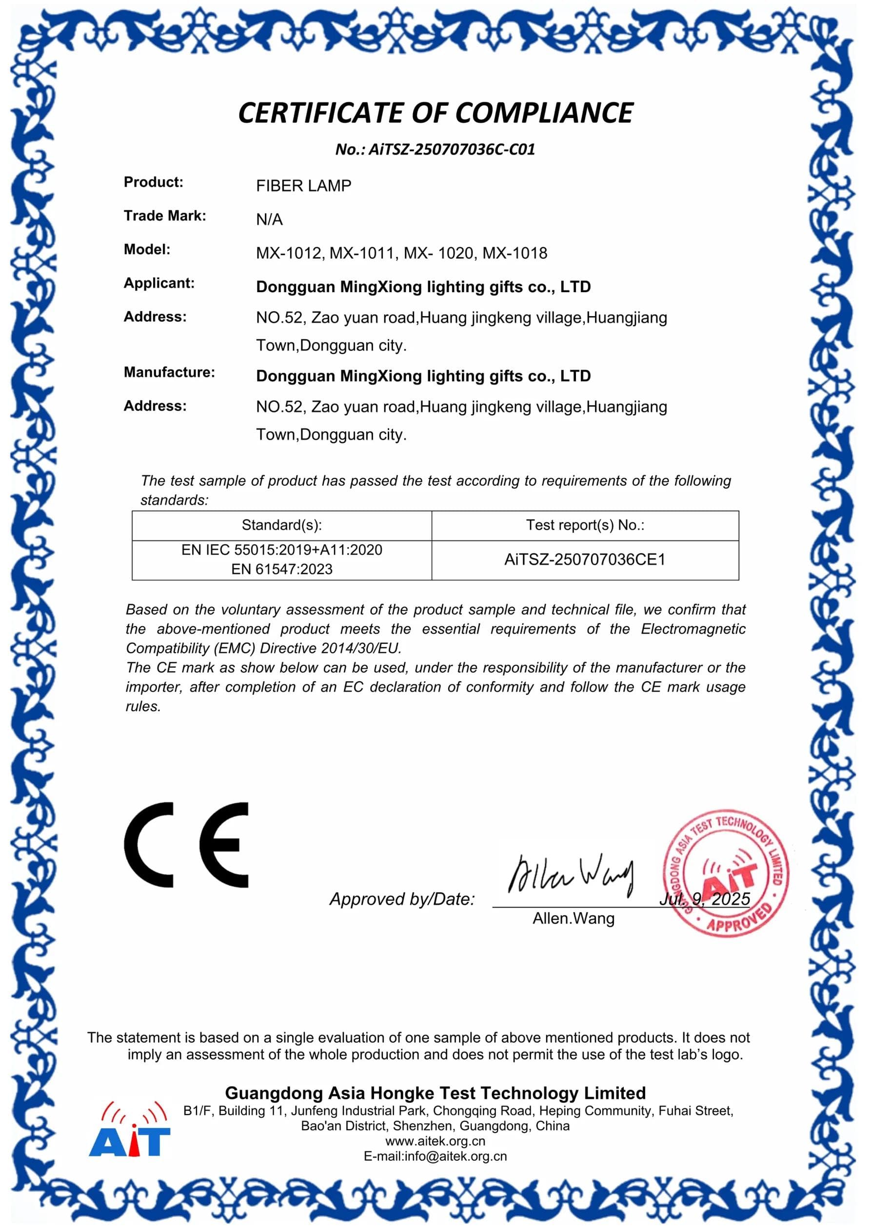 MX-1012 Fiber Lamp CE EMC certificate preview