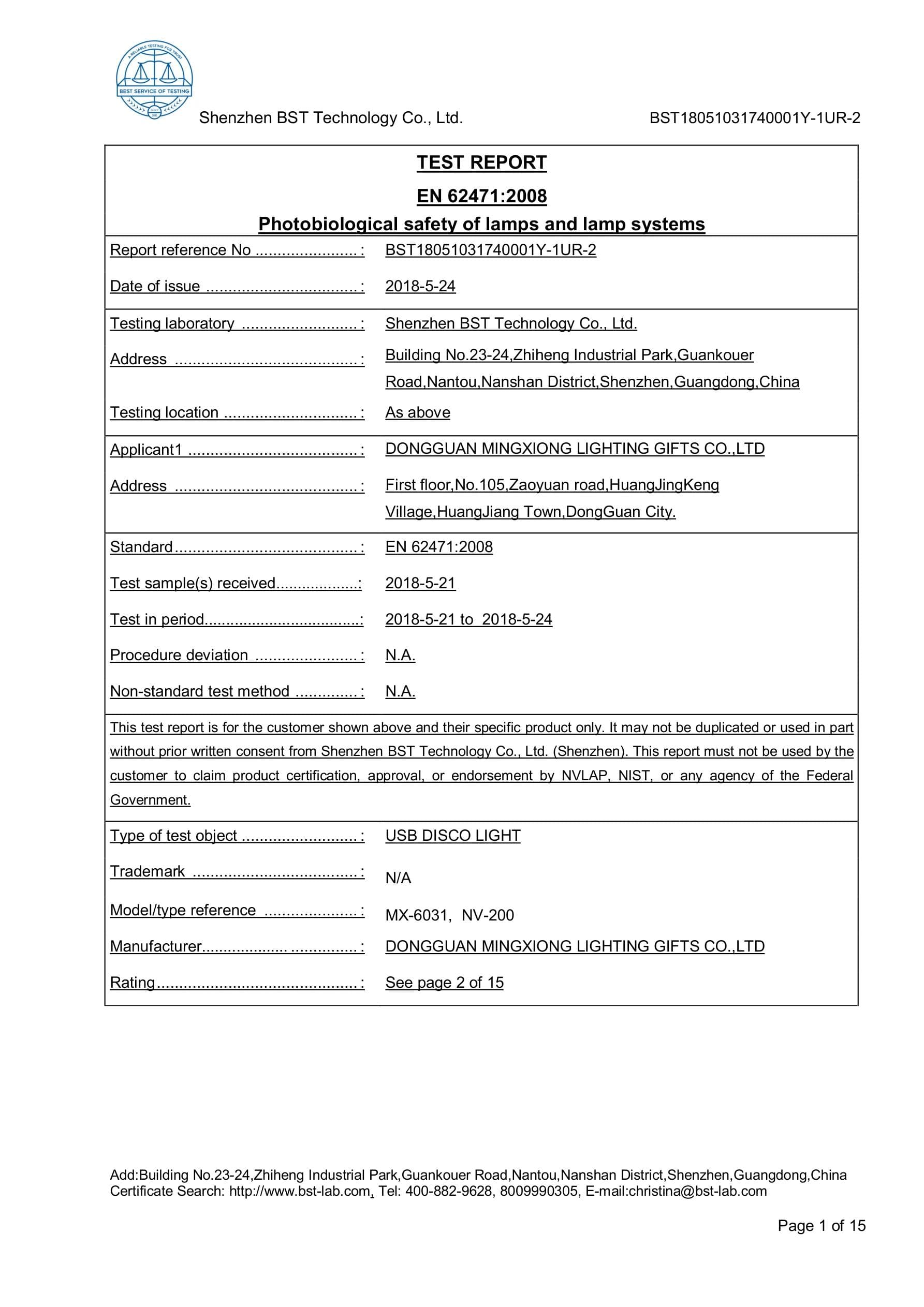 MX-6031 Decorative Light EN62471 certificate preview