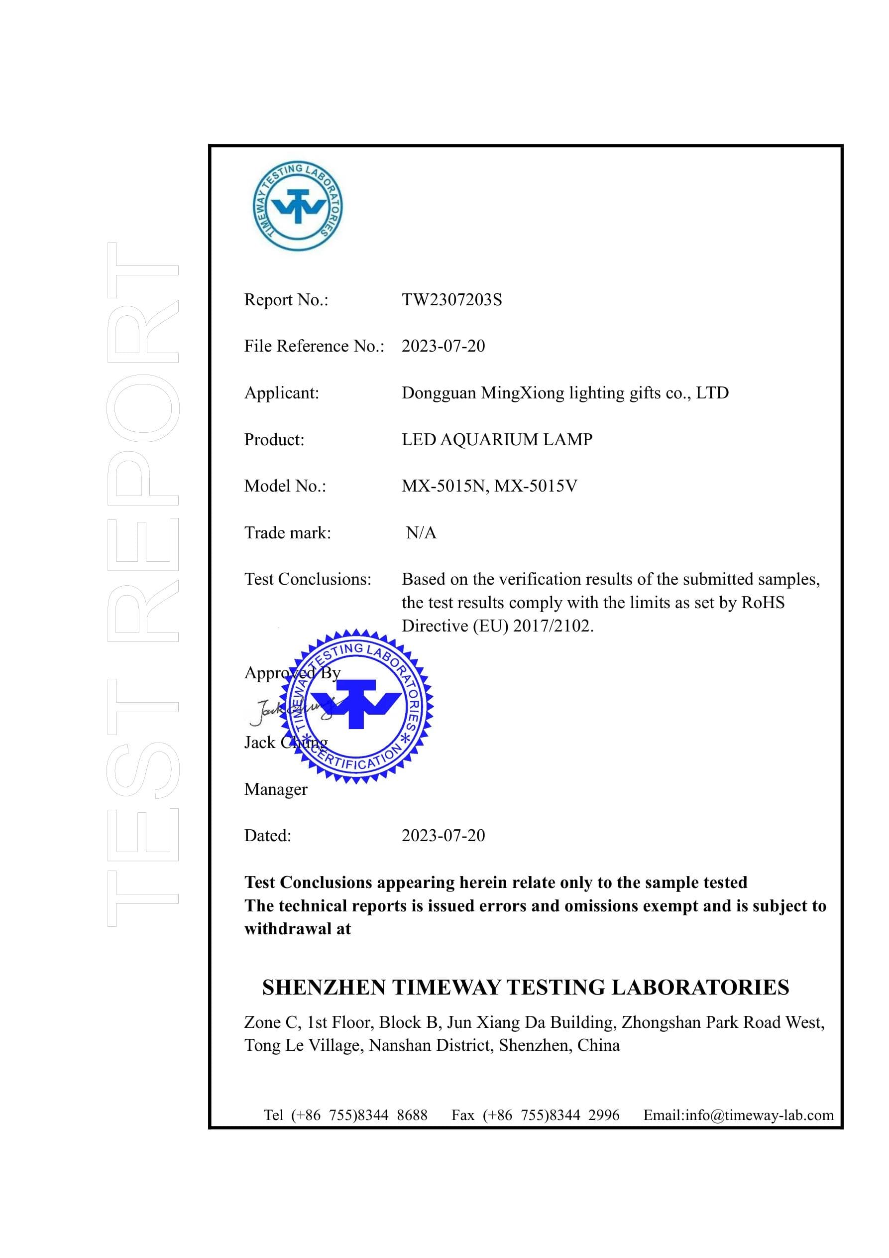 MX-5015N RoHS certificate key page preview