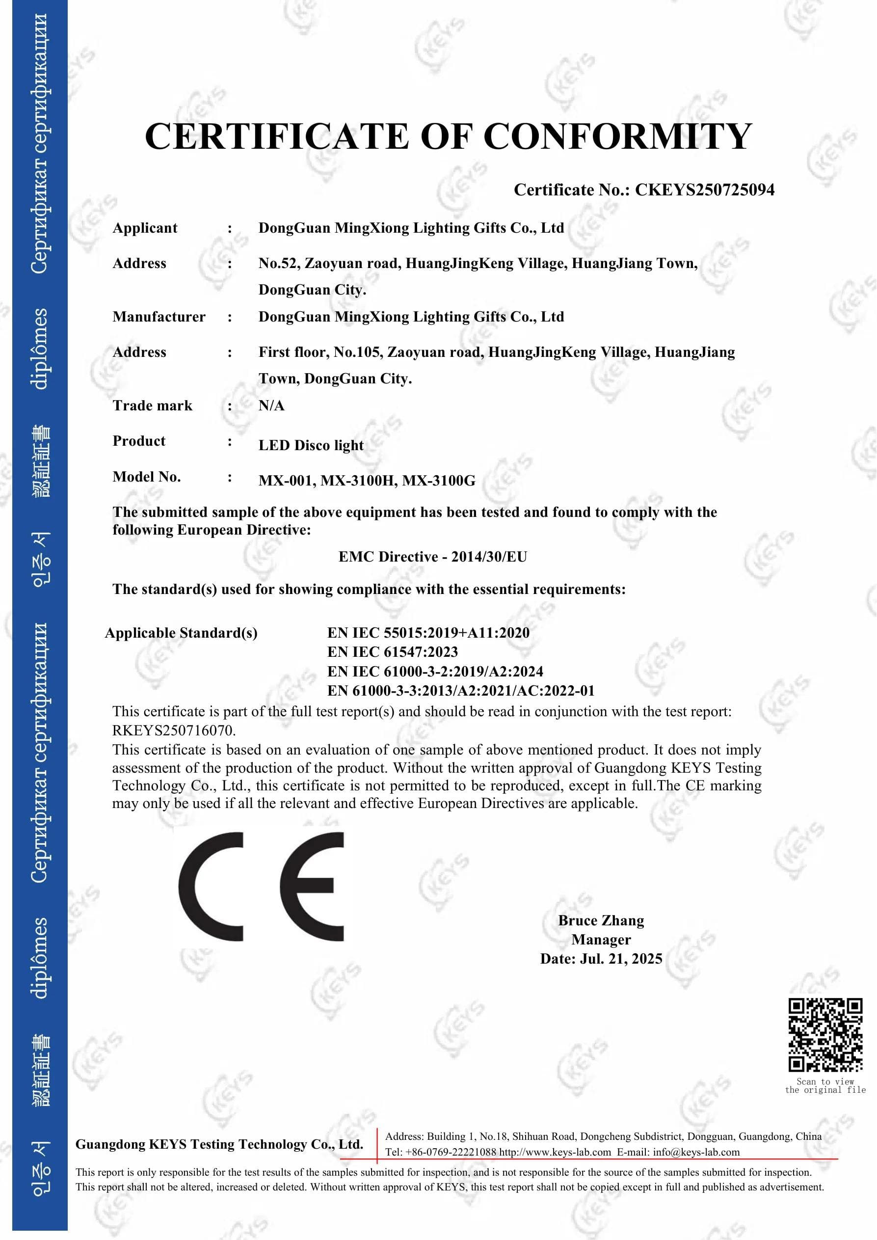 MX-001 Disco Light CE EMC certificate preview